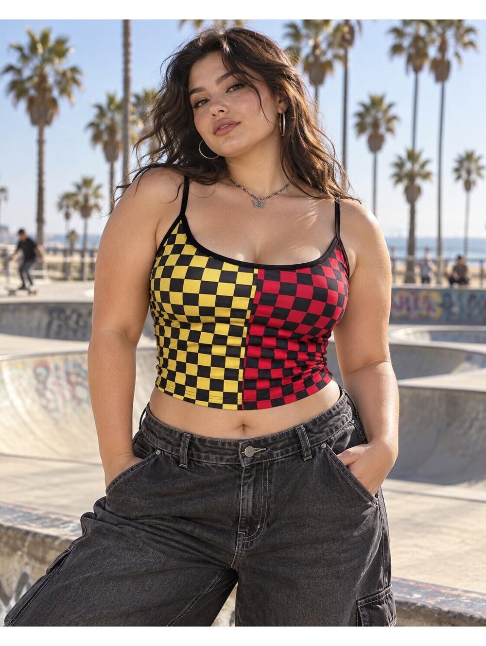 Y2K Checkerboard Colorblock Crop Top Spaghetti Strap Tank Womens 2XL Alt Grunge